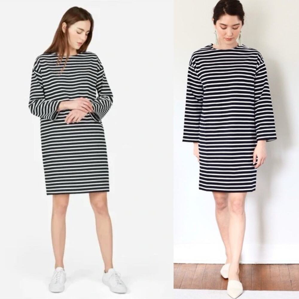 Everlane The Breton Cotton Tee Nautical Stripe Zip Shoulder Boxy Dress S